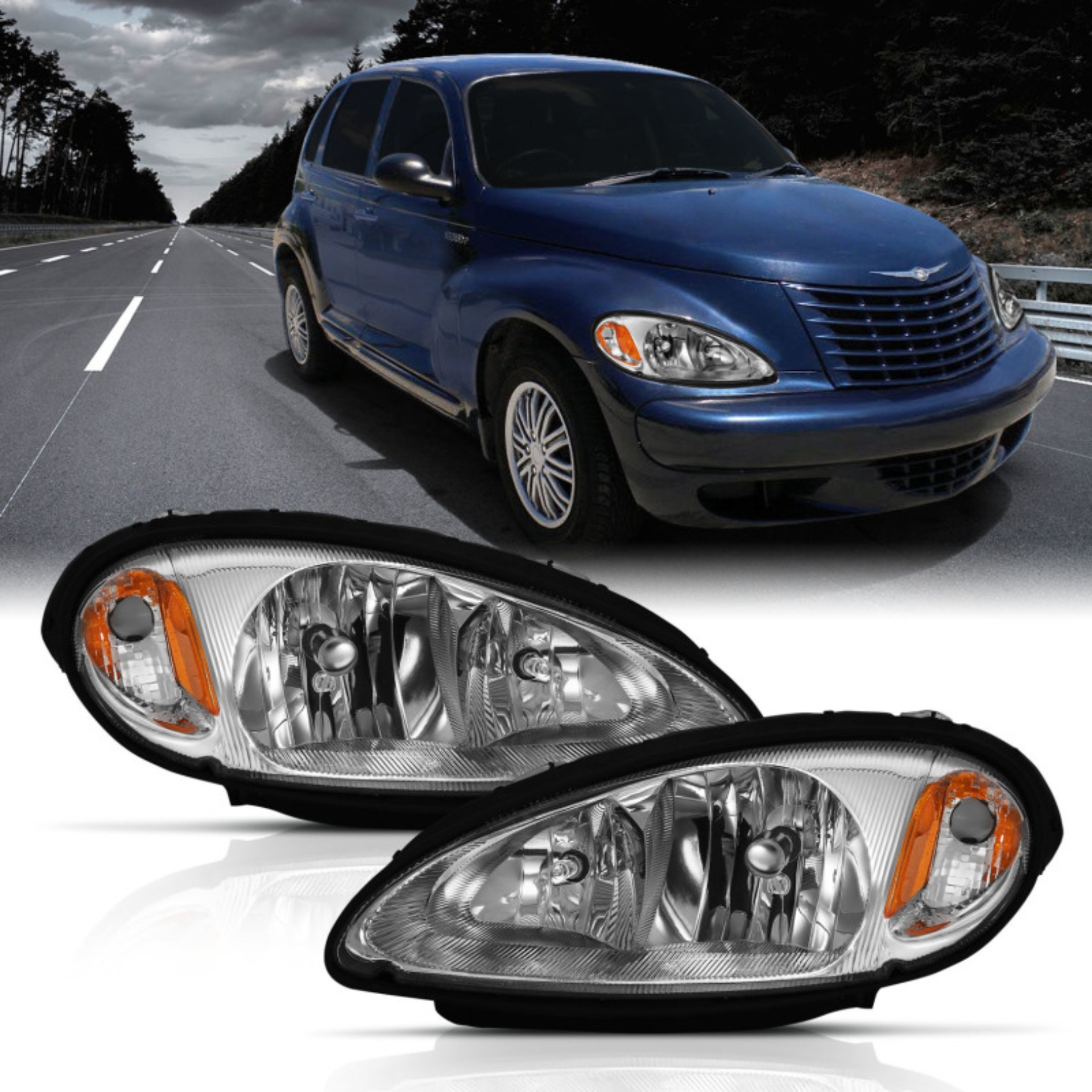 Picture of ANZO 2001-2005 Chrysler Pt Cruiser Crystal Headlight Chrome Amber (OE)