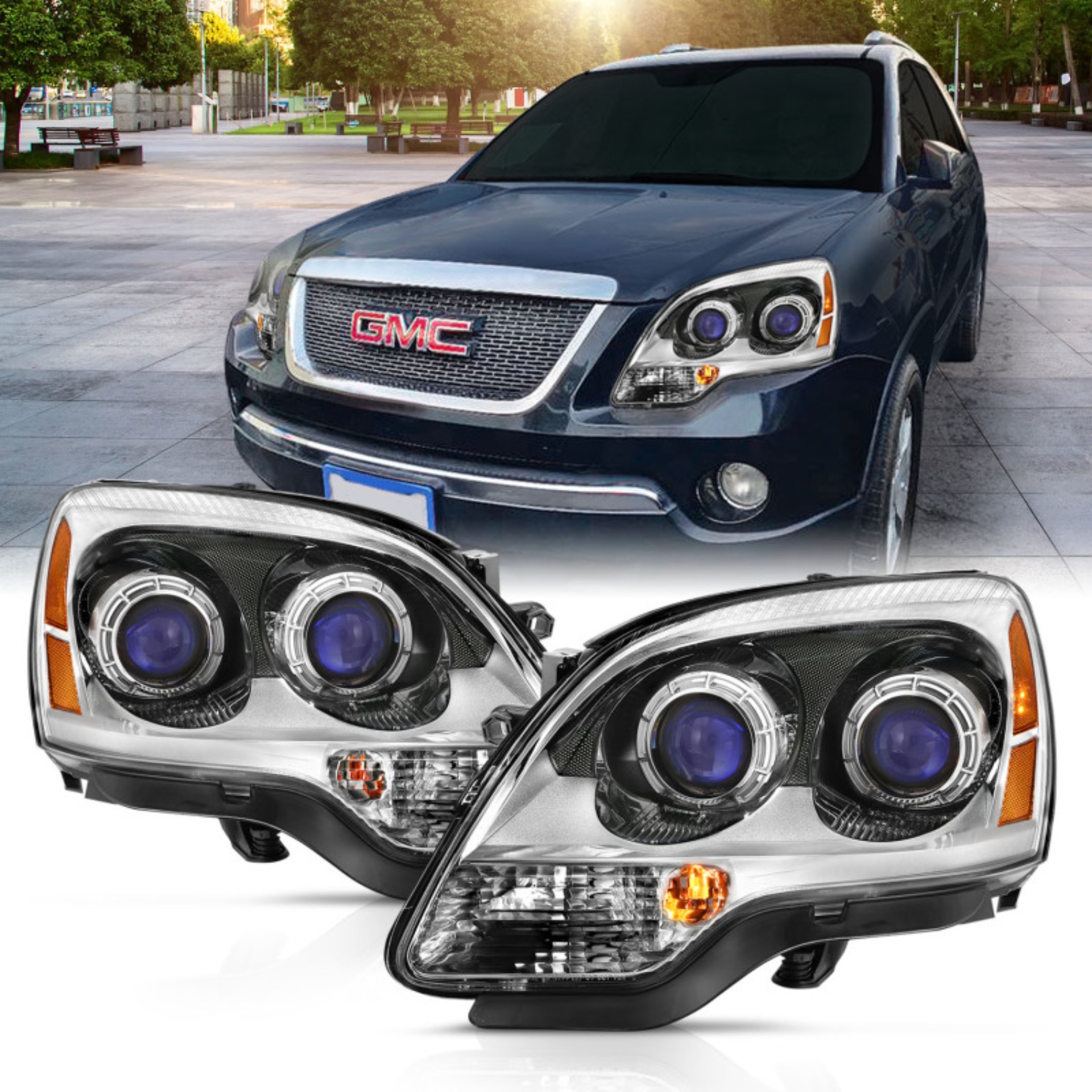 Picture of ANZO 2007-2008 GMC Acadia Crystal Headlight Chrome Amber(OE)