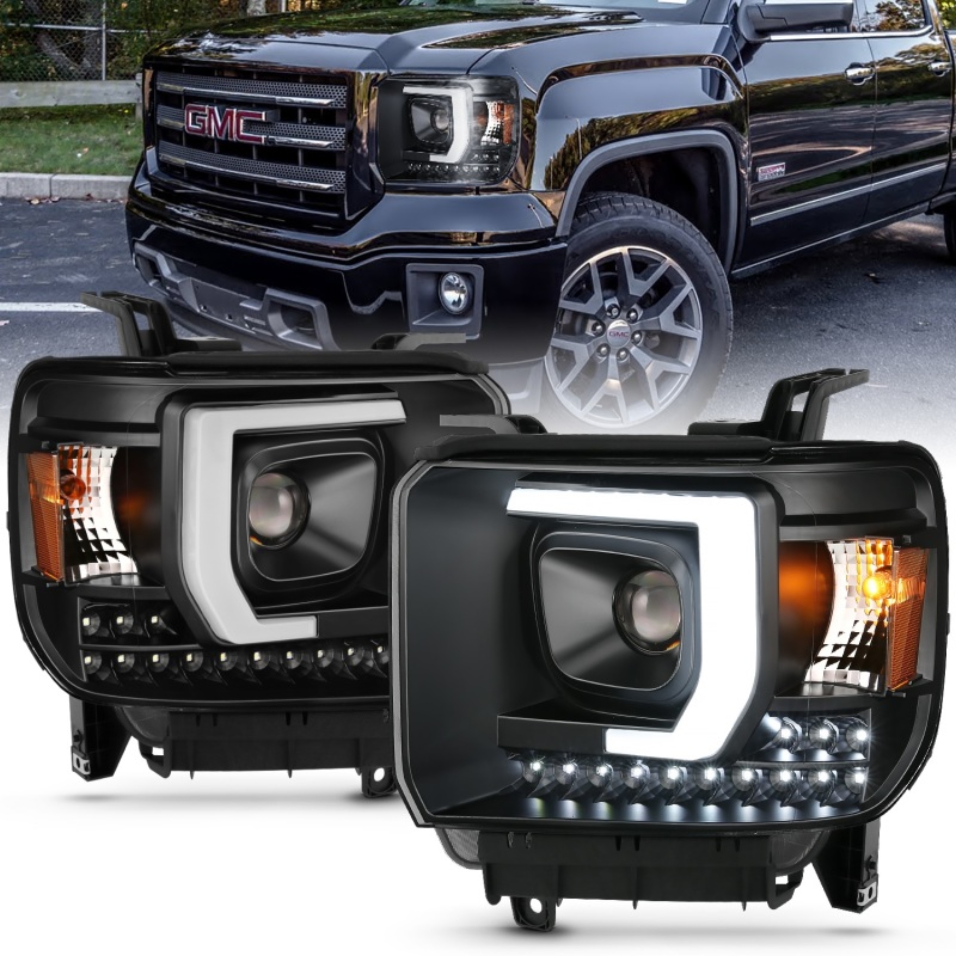Picture of ANZO 2014-2015 GMC Sierra 1500HD Projector Plank Style Headlight Black W/ DRL