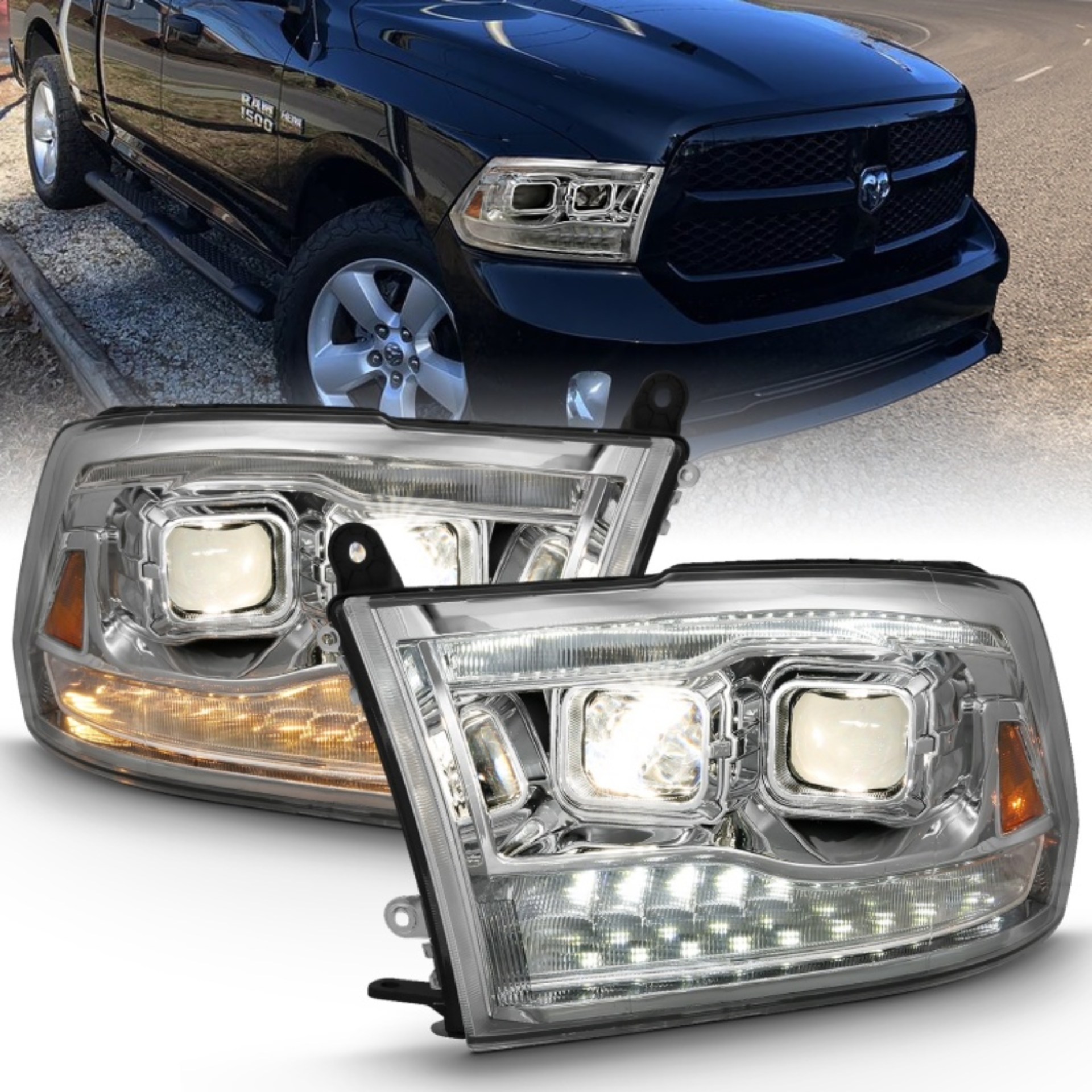 Picture of ANZO 2009-2018 Dodge Ram 1500 Projector H.L. Switchback Black Amber