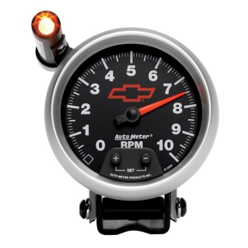 Picture of Autometer GM Red Bowtie Black 3-3/4in 0-10000 RPM Pedestal Mount Tachometer Quick-Lite