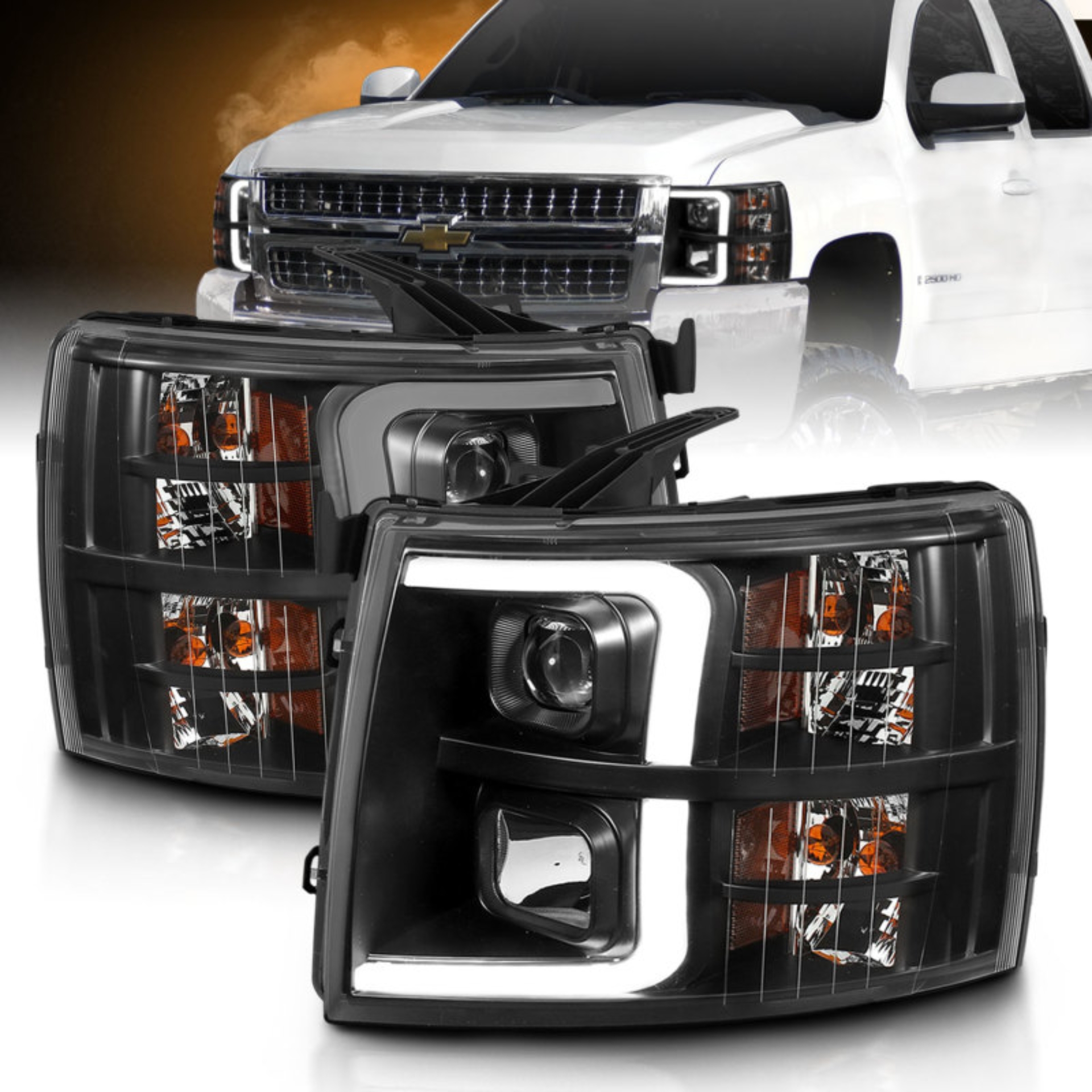 Picture of ANZO 07-13 Chevrolet Silverado 3500 Projector Headlights - Black Amber