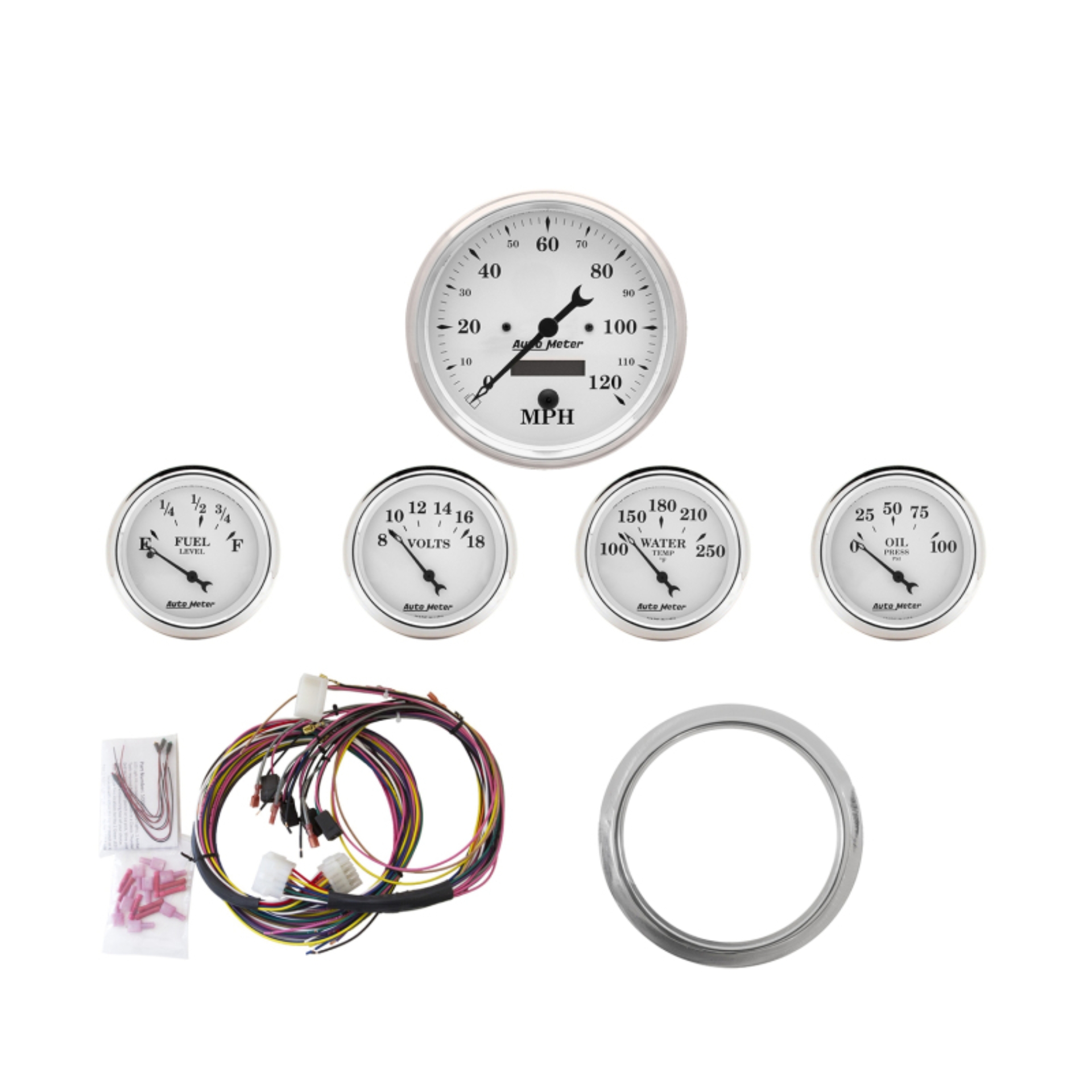 Picture of Autometer Old Tyme White 5 Piece Kit (MPH/FUEL/OILP/WTMP/BAT) 59-60 Chevy Car Direct-Fit Dash Kit
