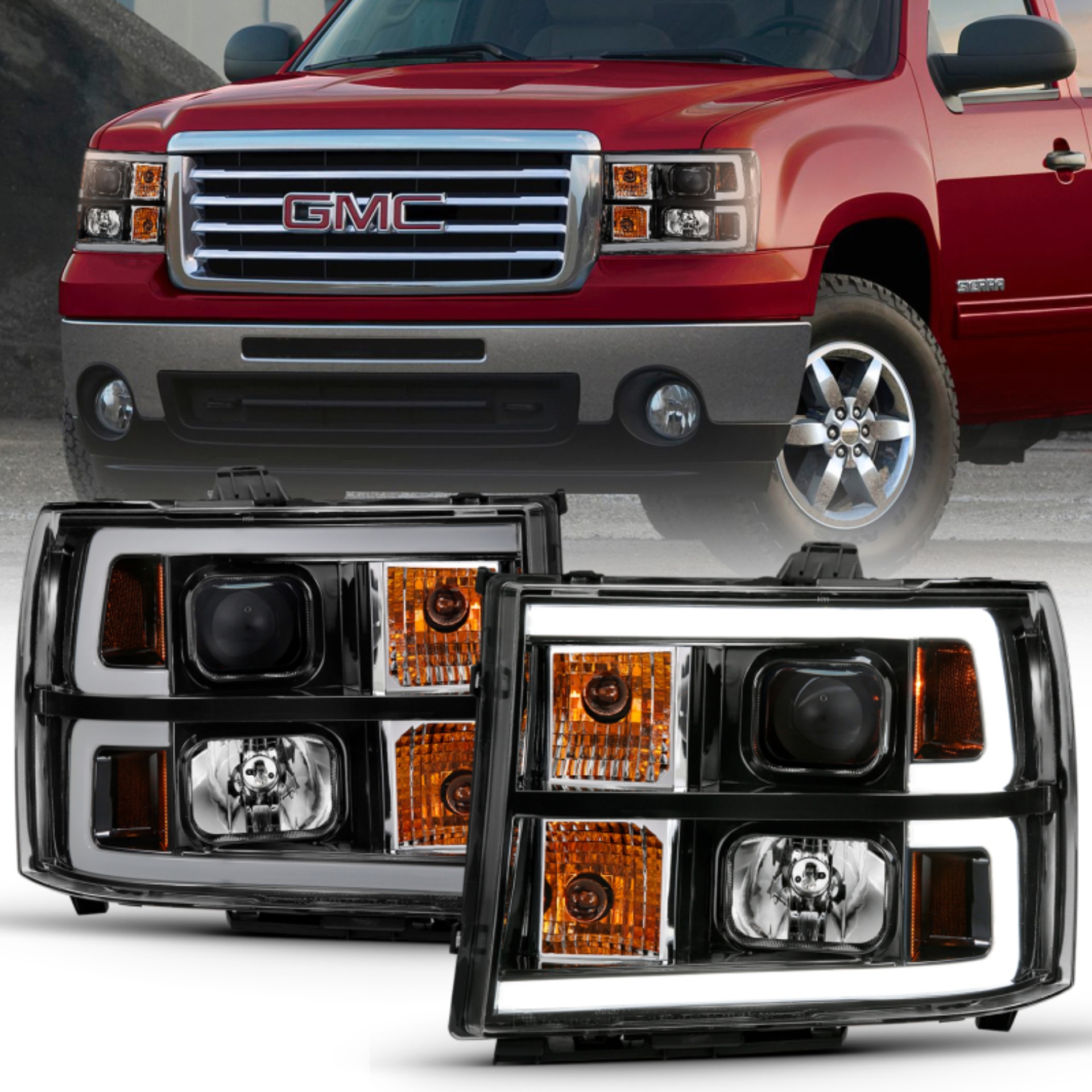 Picture of ANZO 2007-2013 GMC Sierra 1500 Projector Headlight Plank Style Black w/ Clear Lens Amber