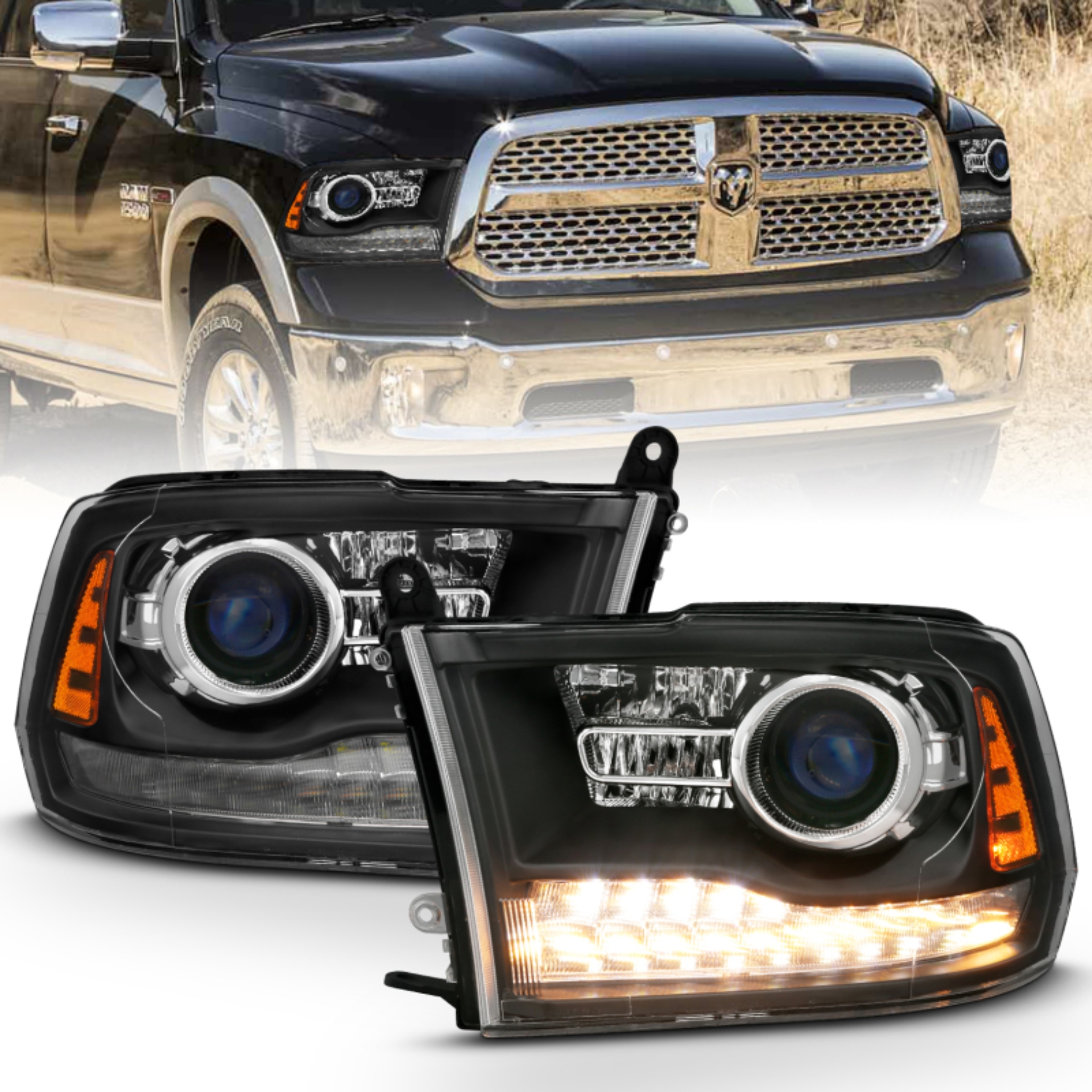 Picture of ANZO 2009-2018 Dodge Ram 1500 Projector Headlights Plank Style Halo w/Switchback Matte Black