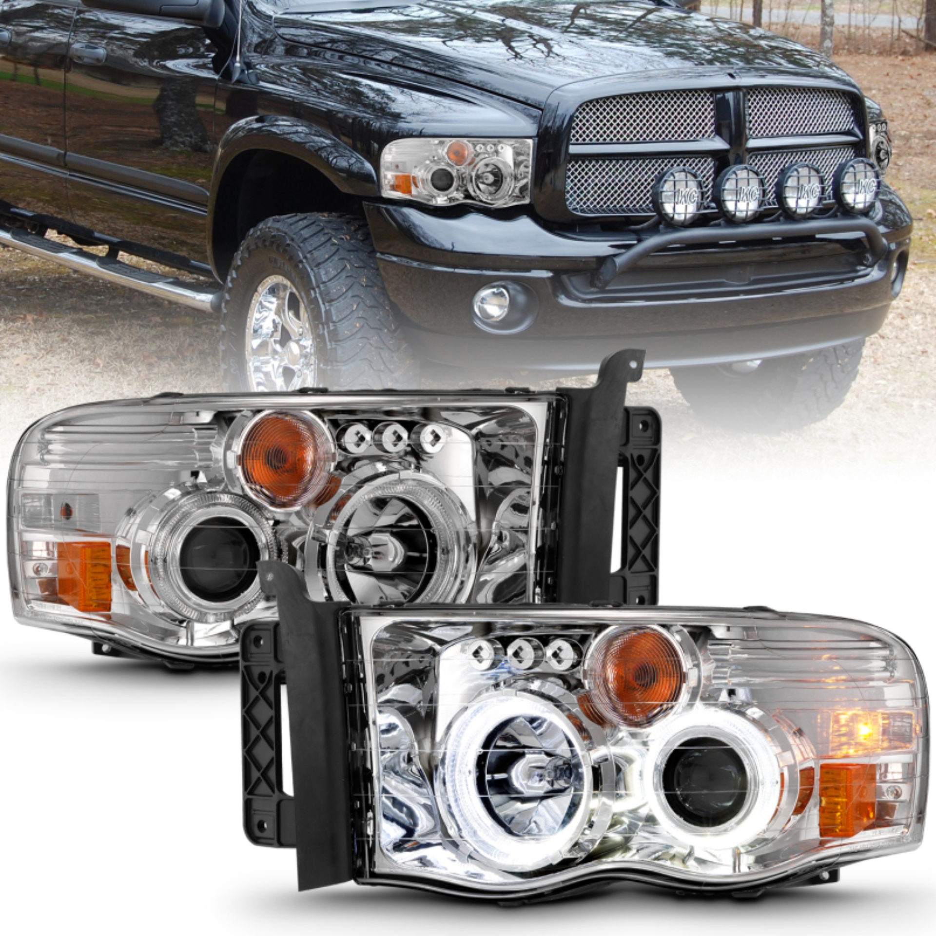 Picture of ANZO 2002-2005 Dodge Ram 1500 Projector Headlights w/ Halo Chrome Clear Amber