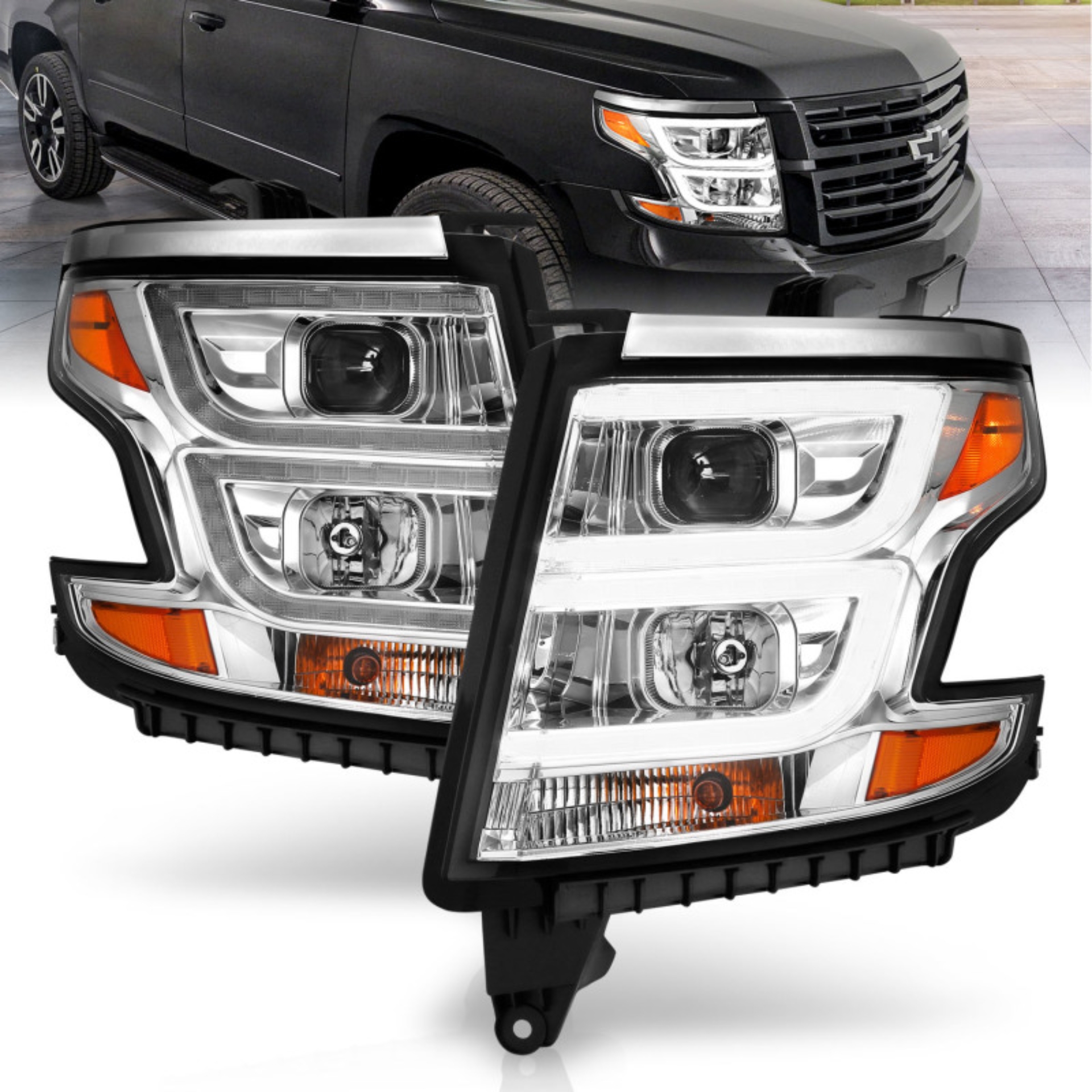 Picture of ANZO 2015-2020 Chevy Tahoe Projector Headlights Plank Style Chrome w/DRL