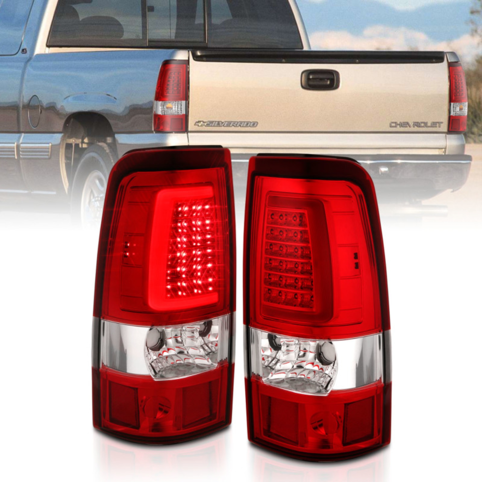 Picture of ANZO 1999-2002 Chevy Silverado 1500 LED Taillights Plank Style Chrome With Red/Clear Lens