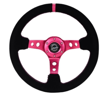 Picture of NRG Reinforced Steering Wheel (350mm/ 3in. Deep) Black Suede/ Fushia Center Mark/ Fushia Stitching