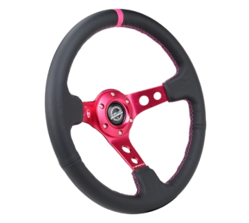 Picture of NRG Reinforced Steering Wheel (350mm/3in. Deep) Black Leather/ Fushia Center Mark/ Fushia Stitching