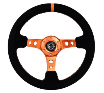 Picture of NRG Reinforced Steering Wheel (350mm/ 3in. Deep) Black Suede/ Orange Center Mark/ Orange Stitching