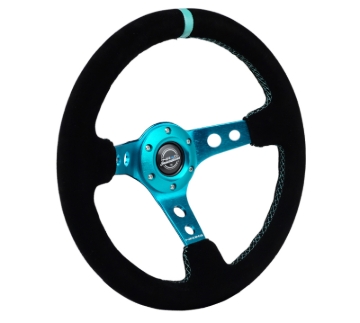 Picture of NRG Reinforced Steering Wheel (350mm/ 3in. Deep) Black Suede/ Teal Center Mark/ Teal Stitching