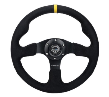 Picture of NRG Reinforced Steering Wheel (350mm/ 3in. Deep) Alcantara w/ Yellow Center w/ Black Stitch