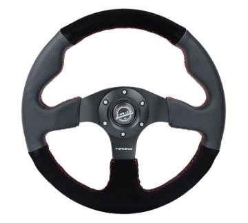Picture of NRG Reinforced Steering Wheel (320mm/ 2.5in. Deep) Sport Leather / Suede w/ Red Stitch