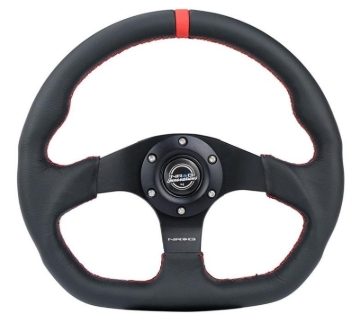 Picture of NRG Reinforced Steering Wheel (320mm) Sport Leather Flat Bottom w/ Red Center Mark/ Red Stitching