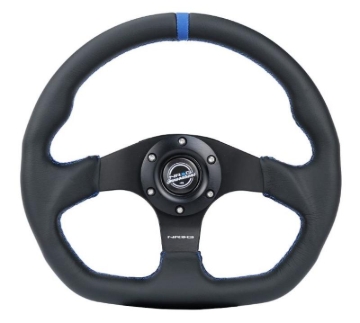 Picture of NRG Reinforced Steering Wheel (320mm) Sport Leather Flat Bottom w/ Blue Center/ Blue Stitching