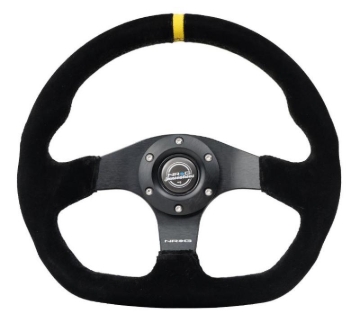 Picture of NRG Reinforced Steering Wheel (320mm) Sport Suede Dual Push Buttons Flat Bottom w/ Yellow Center