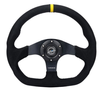 Picture of NRG Reinforced Steering Wheel (320mm) Sport Alcantara Dual Push Buttons Flat Bottom w/Yellow Center