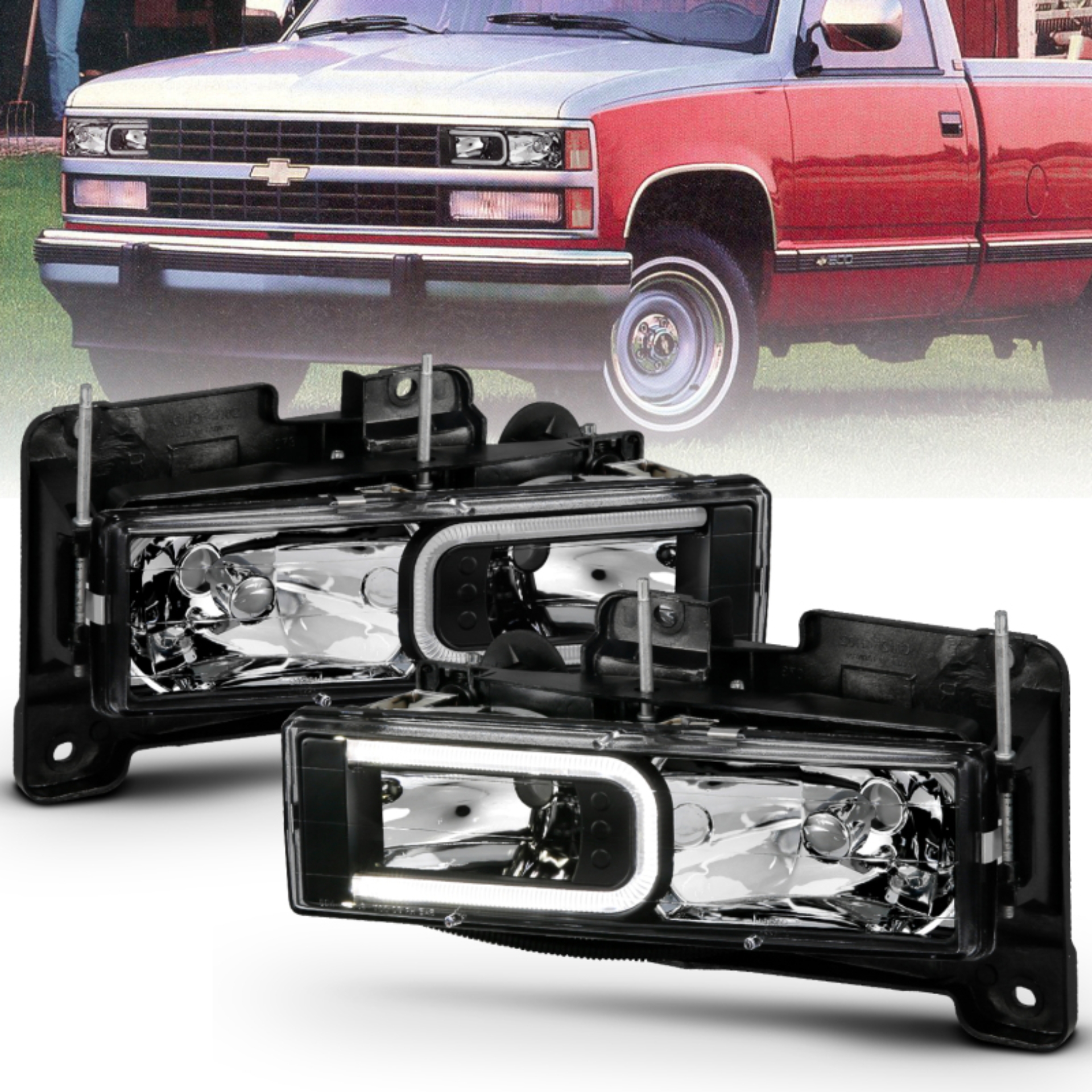Picture of ANZO 1999-2000 Cadillac Escalade Crystal Headlights Light Bar Black Housing (Pair)