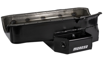 Picture of Moroso 86-Up Chevrolet SBC (w/1 Pc Seal & Low Clearance) Wet Sump 7qt 7in Steel Oil Pan - Black