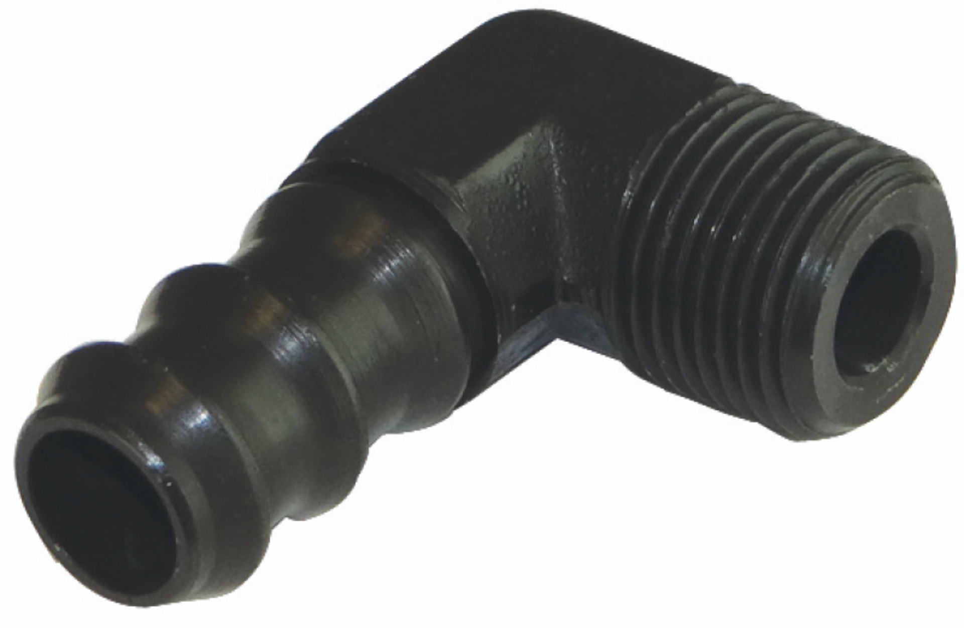 Picture of Moroso Air/Oil Separator Fuel Line Fitting - 3/8in to 1/2in Hose - 90 Degree - Black - Single