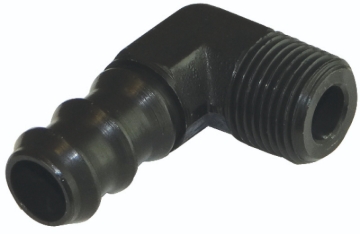 Picture of Moroso Air/Oil Separator Fuel Line Fitting - 3/8in to 1/2in Hose - 90 Degree - Black - Single