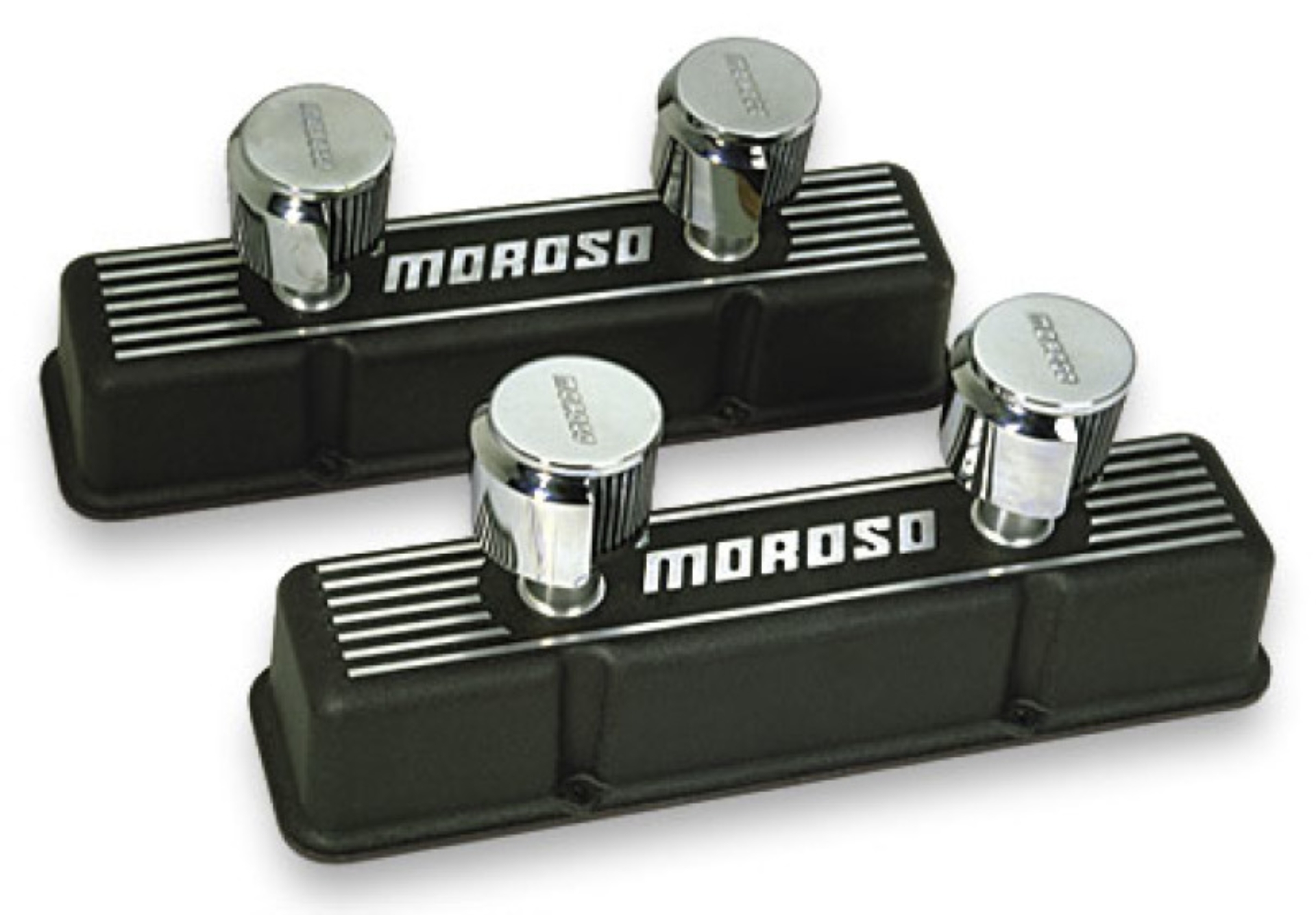 Picture of Moroso Chevrolet Small Block Valve Cover - 2 Covers w/2 Breathers - Black Finished Aluminum - Pair