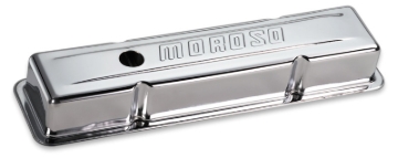 Picture of Moroso Chevrolet Small Block Valve Cover - w/Baffle - Stock Height - Stamped Steel Chrome Plated