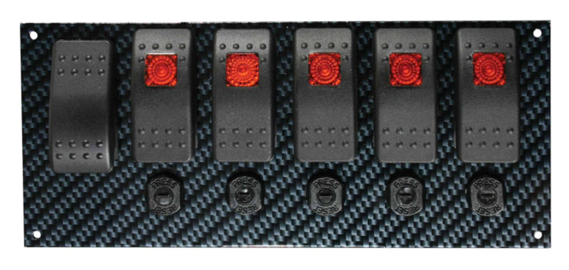 Picture of Moroso Rocker Switch Panel - Dash Mount - LED - 8in x 3-13/32in - Grey/Black Fiber Design