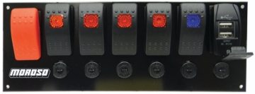 Picture of Moroso Rocker Switch Panel - Flat Surface Mount - LED w/USB - 3.388in x 9.15in -Five On/Off Switches