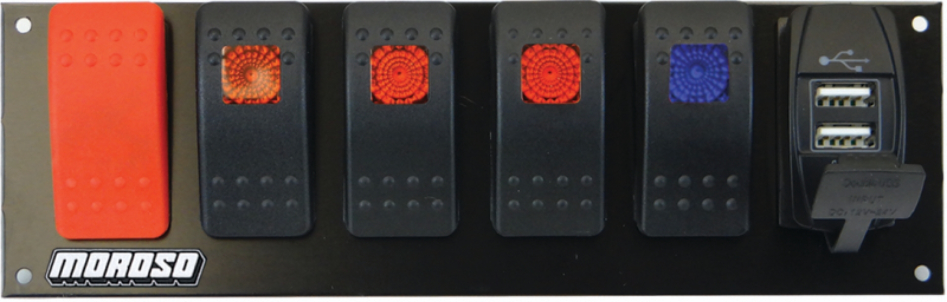Picture of Moroso Rocker Switch Panel - Flat Surface Mount - LED w/USB - 2.488in x 7.85in -Five On/Off Switches