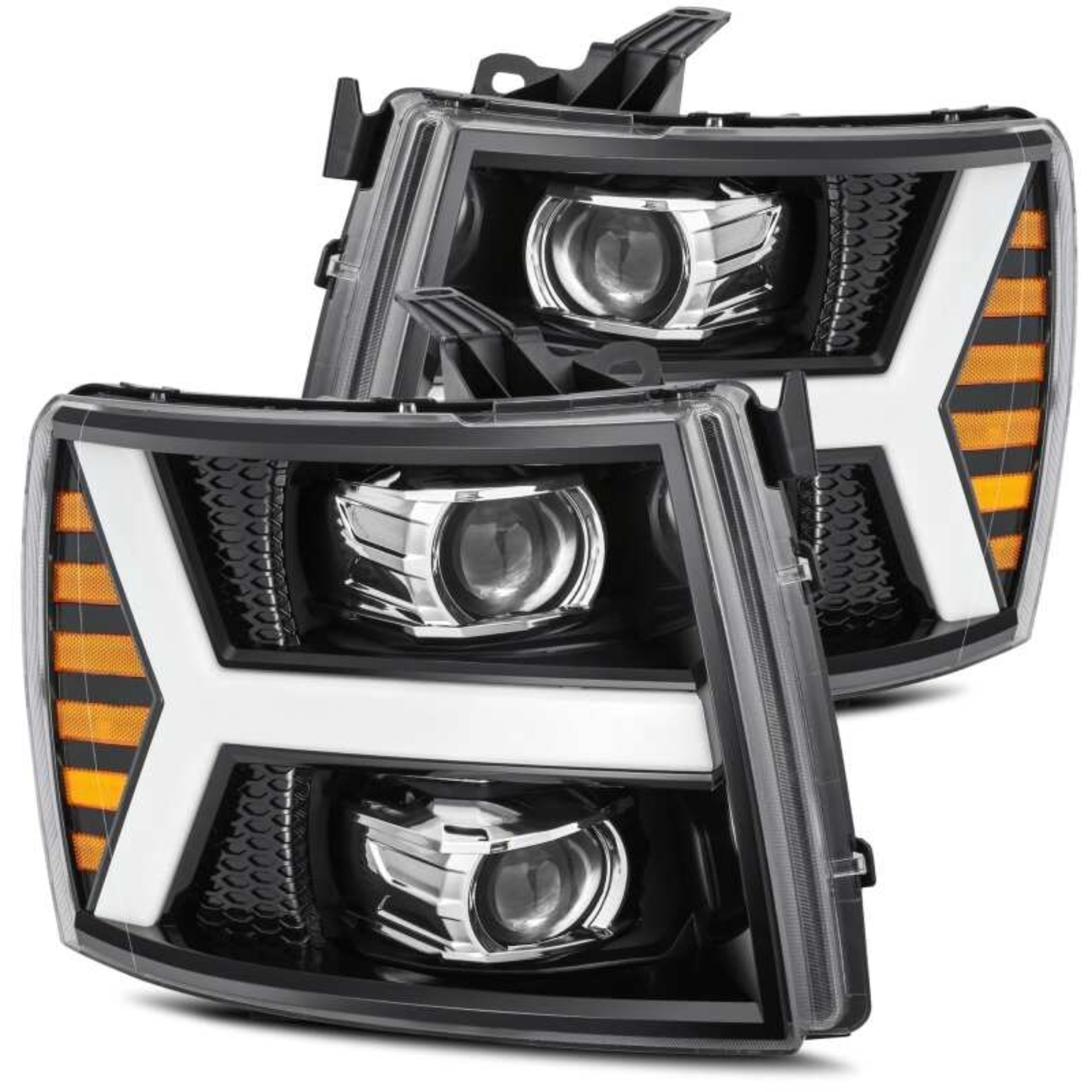 Picture of AlphaRex 07-13 Chevy 1500 LUXX LED Proj Headlights Plank Style Jet Blk w/ Activ Light/Seq Signal/DRL