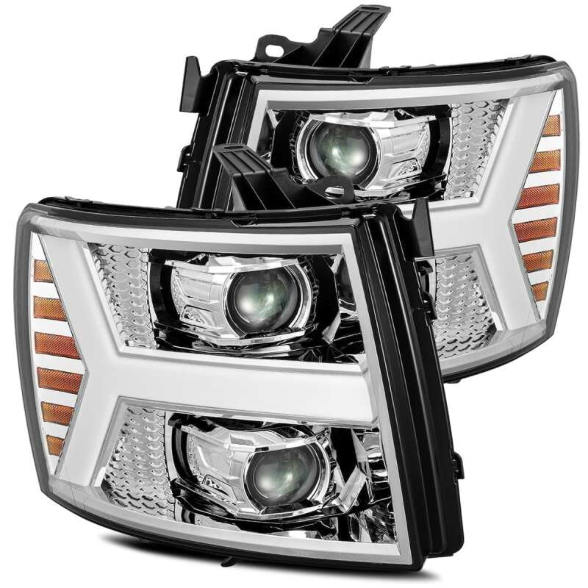 Picture of AlphaRex 07-13 Chevy 1500 LUXX LED Proj Headlights Plank Design Chrome w/ Activ Light/Seq Signal/DRL