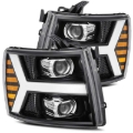 Picture of AlphaRex 07-13 Chevy 1500 LUXX LED Proj Headlights Plank Style Jet Blk w/ Activ Light/Seq Signal/DRL