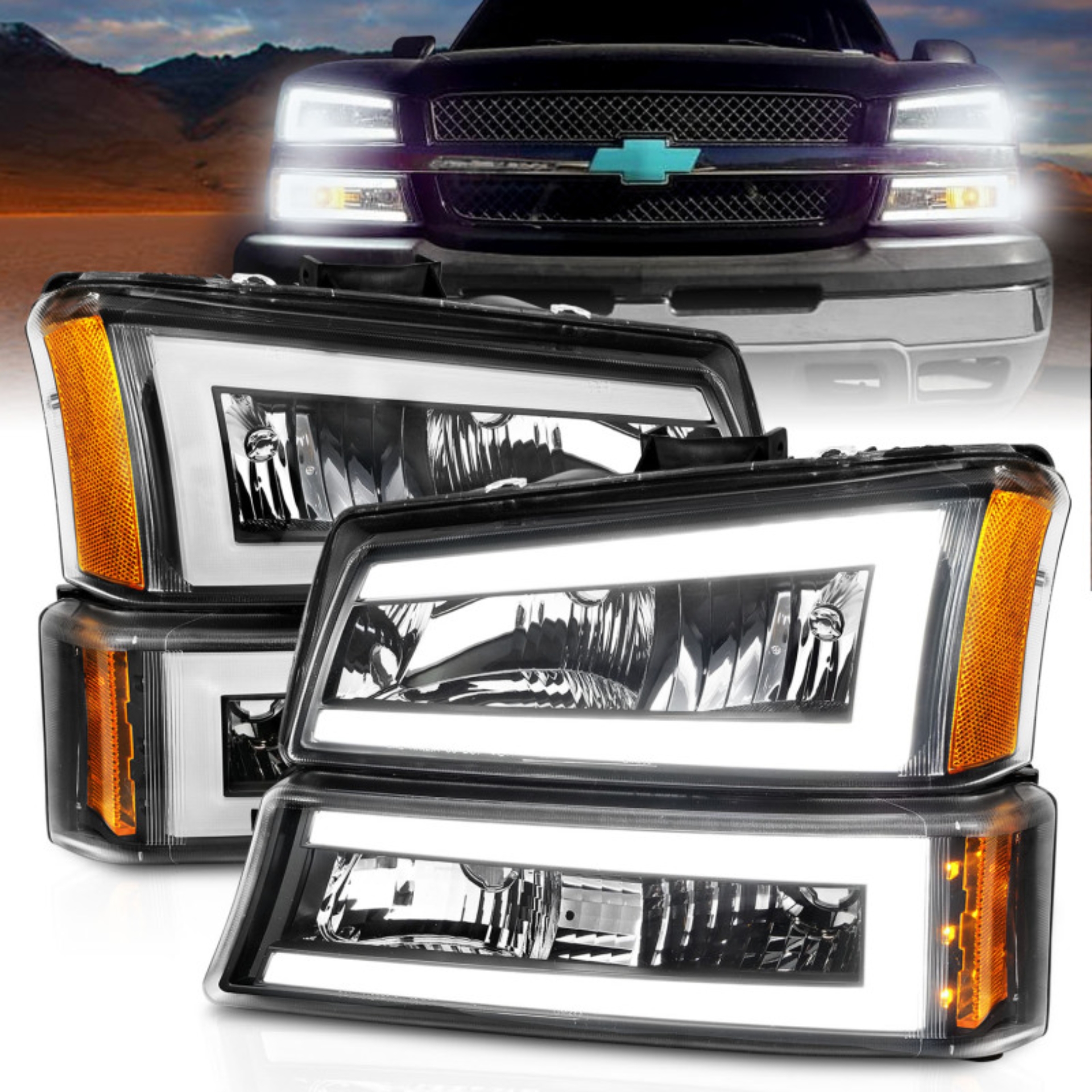 Picture of ANZO 2003-2006 Chevrolet Silverado 1500 Crystal Headlights w/ Light Bar Black Housing