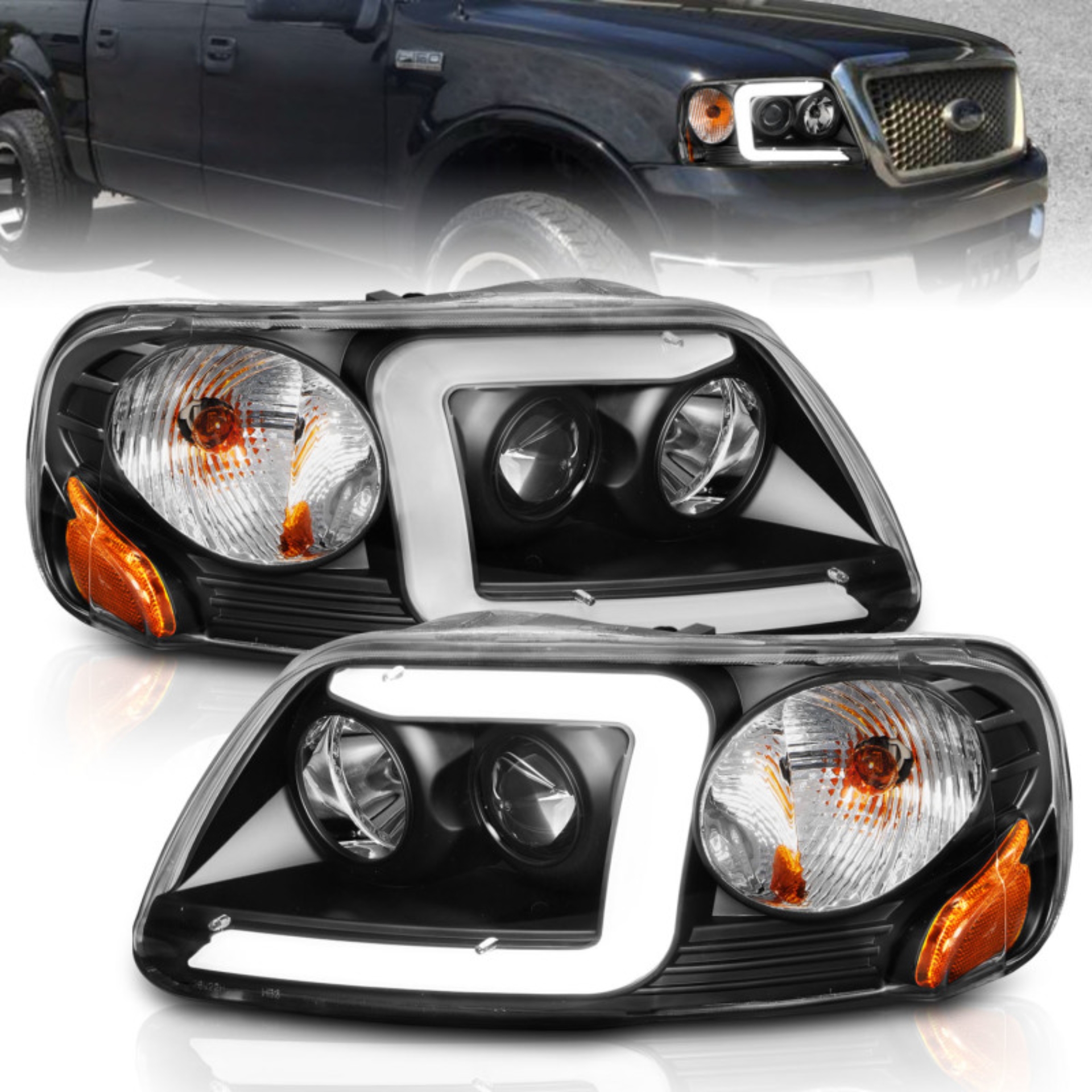 Picture of ANZO 1997-2003 Ford F-150 Projector Headlights w/ Light Bar Black Housing