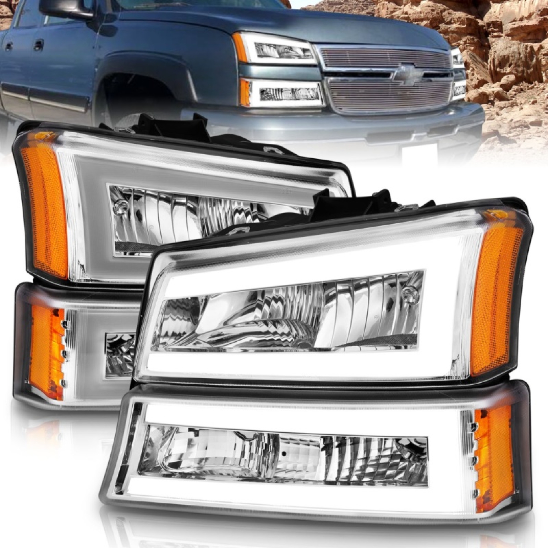 Picture of ANZO 2003-2006 Chevrolet Silverado 1500 Crystal Headlights w/ Light Bar Chrome Housing