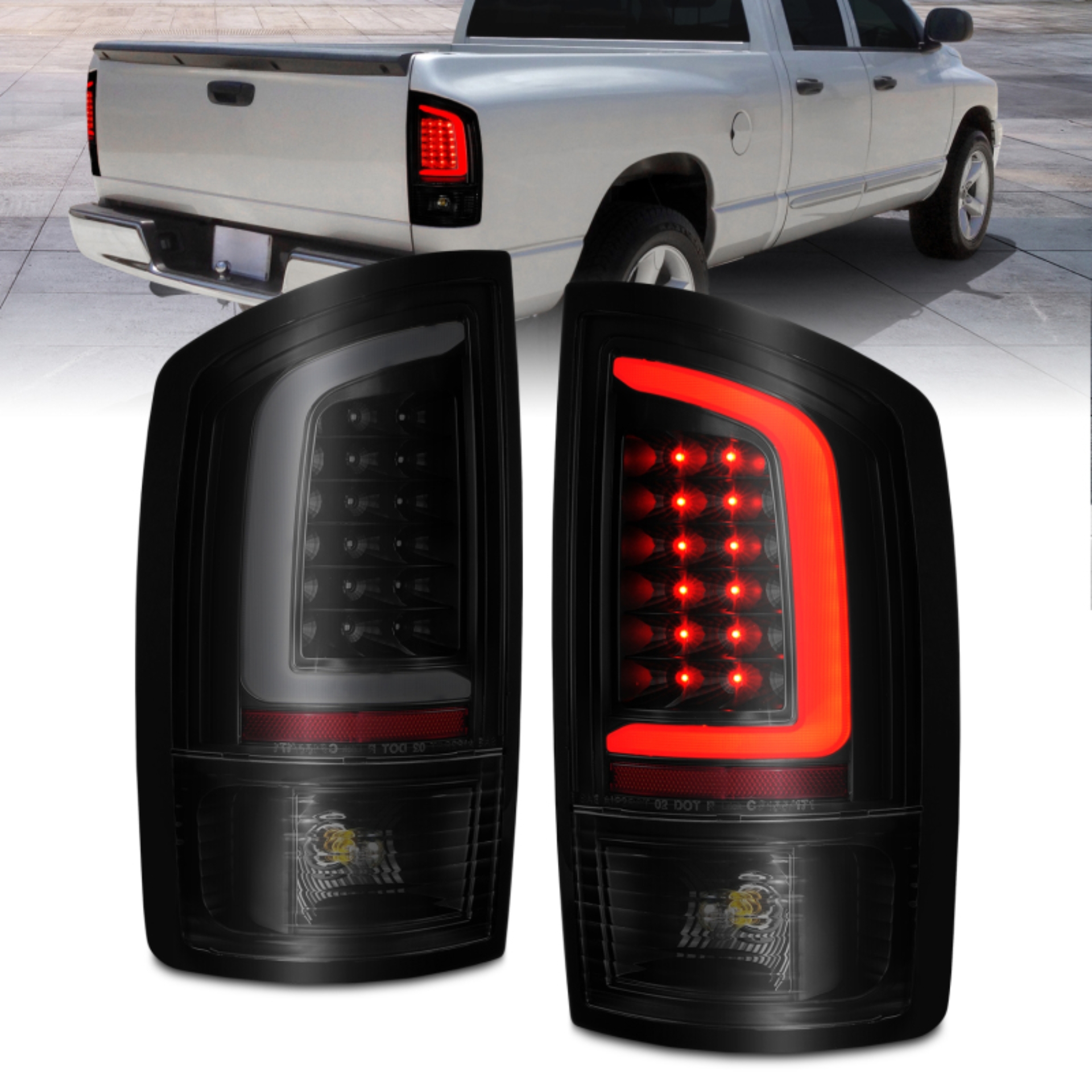 Picture of ANZO 2002-2006 Dodge  Ram 1500 LED Tail Lights w/ Light Bar Black Housing Smoke Lens