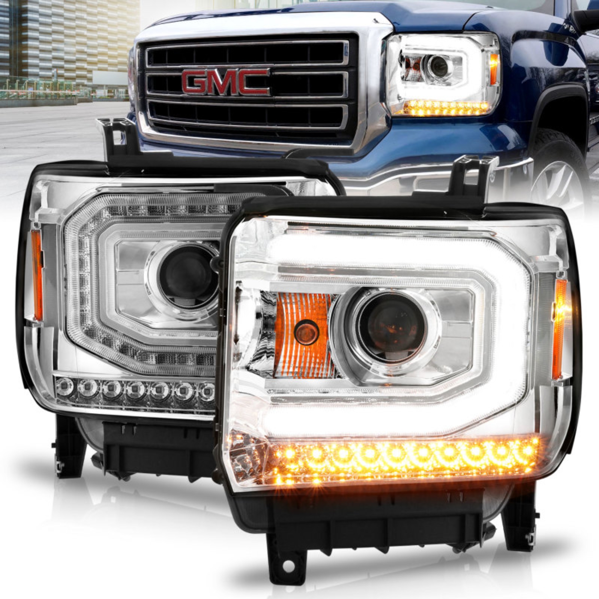 Picture of ANZO 2014-2015 GMC Sierra 1500 Projector Headlights w/ Light Bar Chrome Housing (Halogen Type)