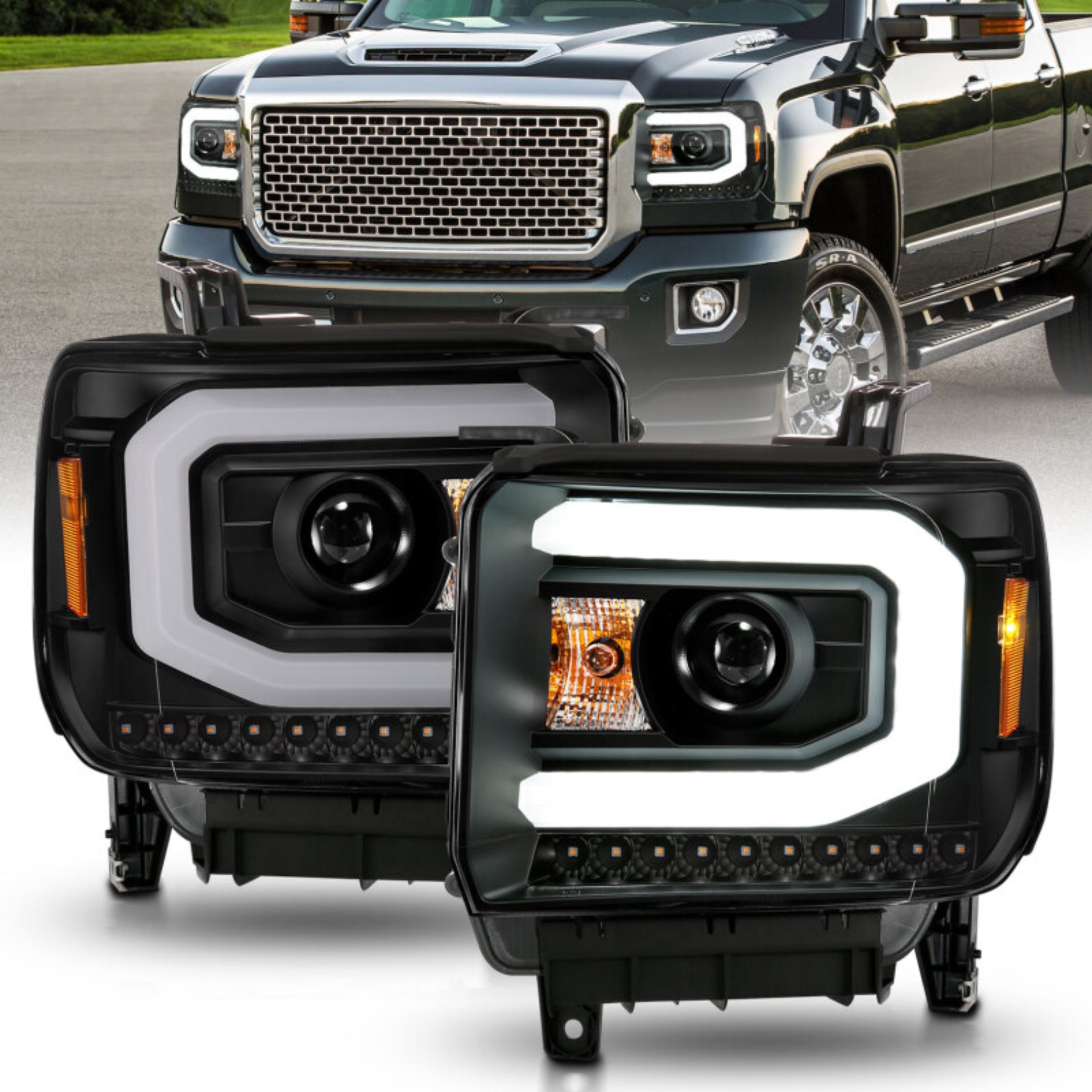 Picture of ANZO 2014-2015 GMC Sierra 1500 Projector Headlights w/ Light Bar Black Housing (Halogen Type)