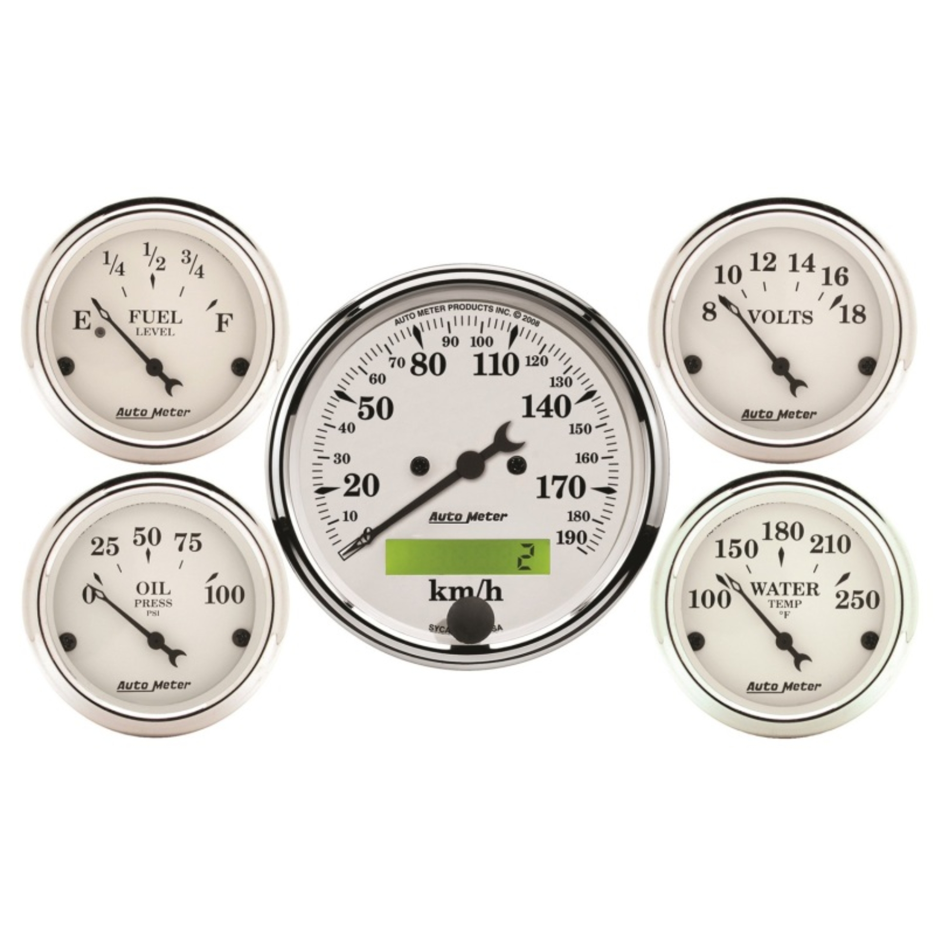 Picture of Autometer Old Tyme White 5 Pc Kit-Elec Speed(Km/H)/Elec Oil Press/Water Temp/Volt/Fuel Level