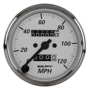 Picture of Autometer 3-1/8in Silver Bezel/White Face 120mph Mechanical In-Dash Tacho/Speedometer w/ Trip Gauge