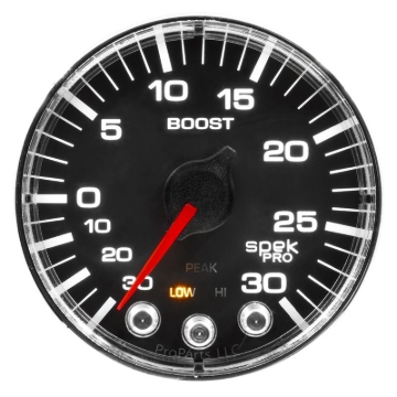 Picture of Autometer Spek-Pro Gauge Vac/Boost 2 1/16in 30Inhg-30psi Stepper Motor W/Peak & Warn Black/Chrome