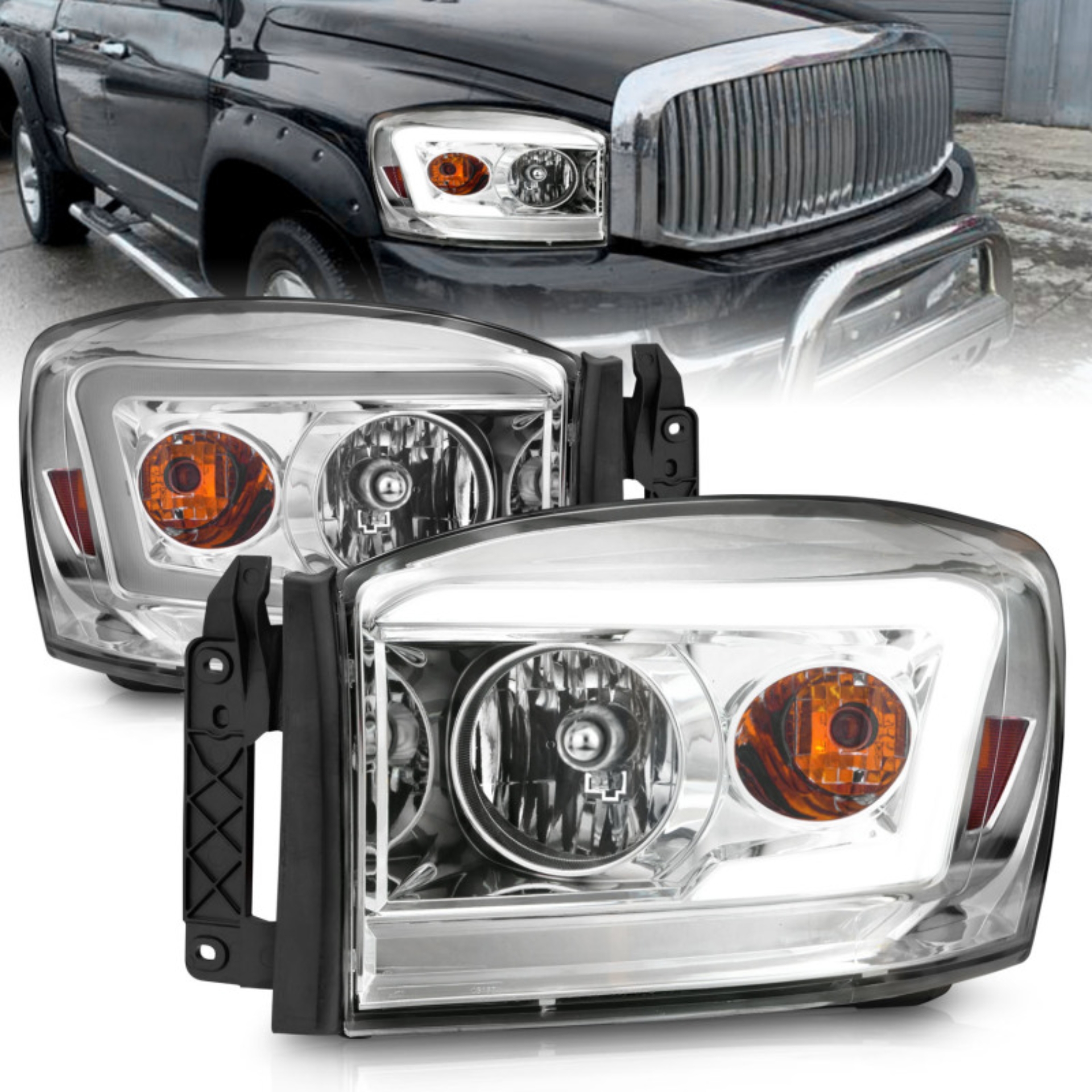 Picture of ANZO 06-09 Dodge RAM 1500/2500/3500 Headlights Chrome Housing/Clear Lens (w/ Light Bars)