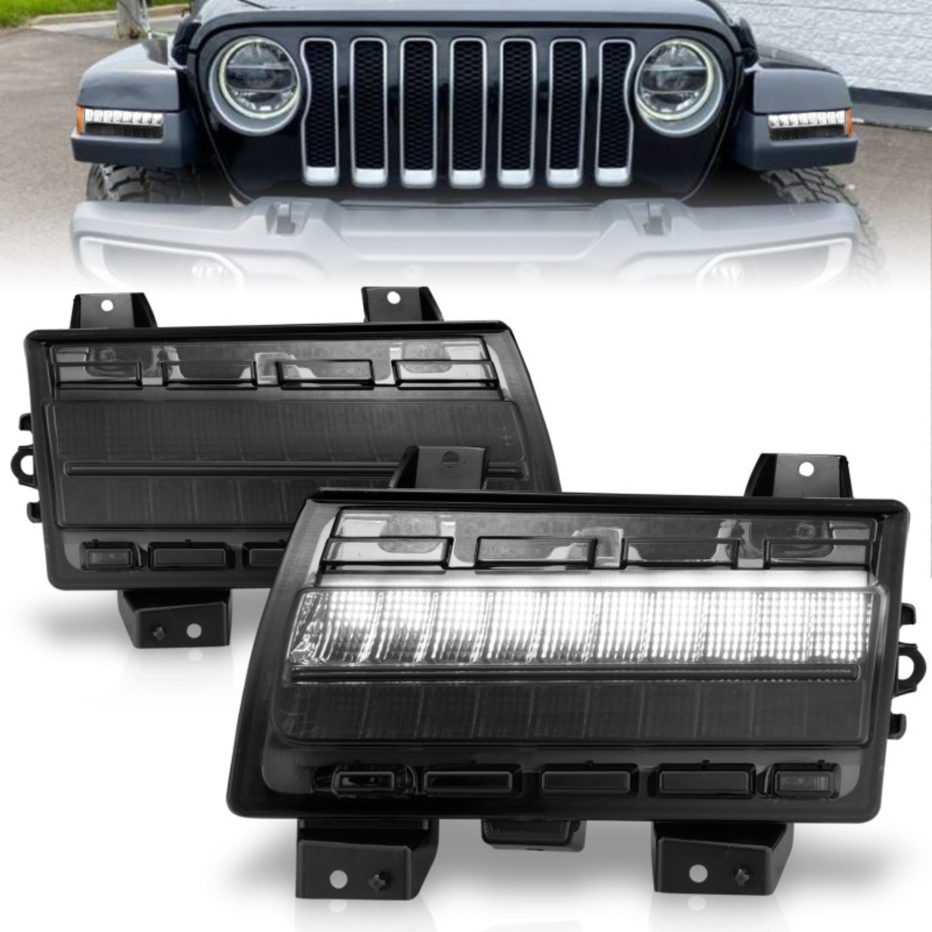 Picture of ANZO 2018-2021 Jeep Wrangler LED Side Markers Chrome Housing Smoke Lens w/ Seq. Signal Low Config