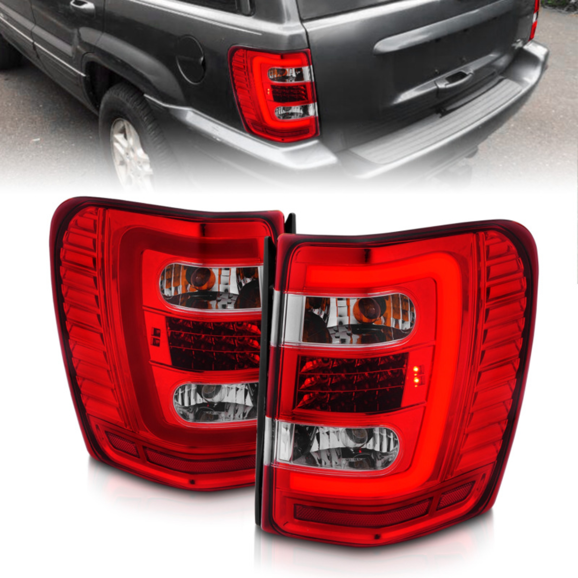Picture of ANZO 1999-2004 Jeep Grand Cherokee LED Tail Lights w/ Light Bar Chrome Housing Red/Clear Lens