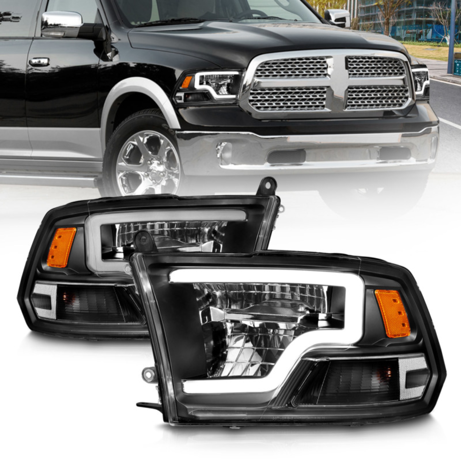 Picture of ANZO 2009-2020 Dodge Ram 1500 Full LED Square Projector Headlights w/ Chrome Housing Black Amber