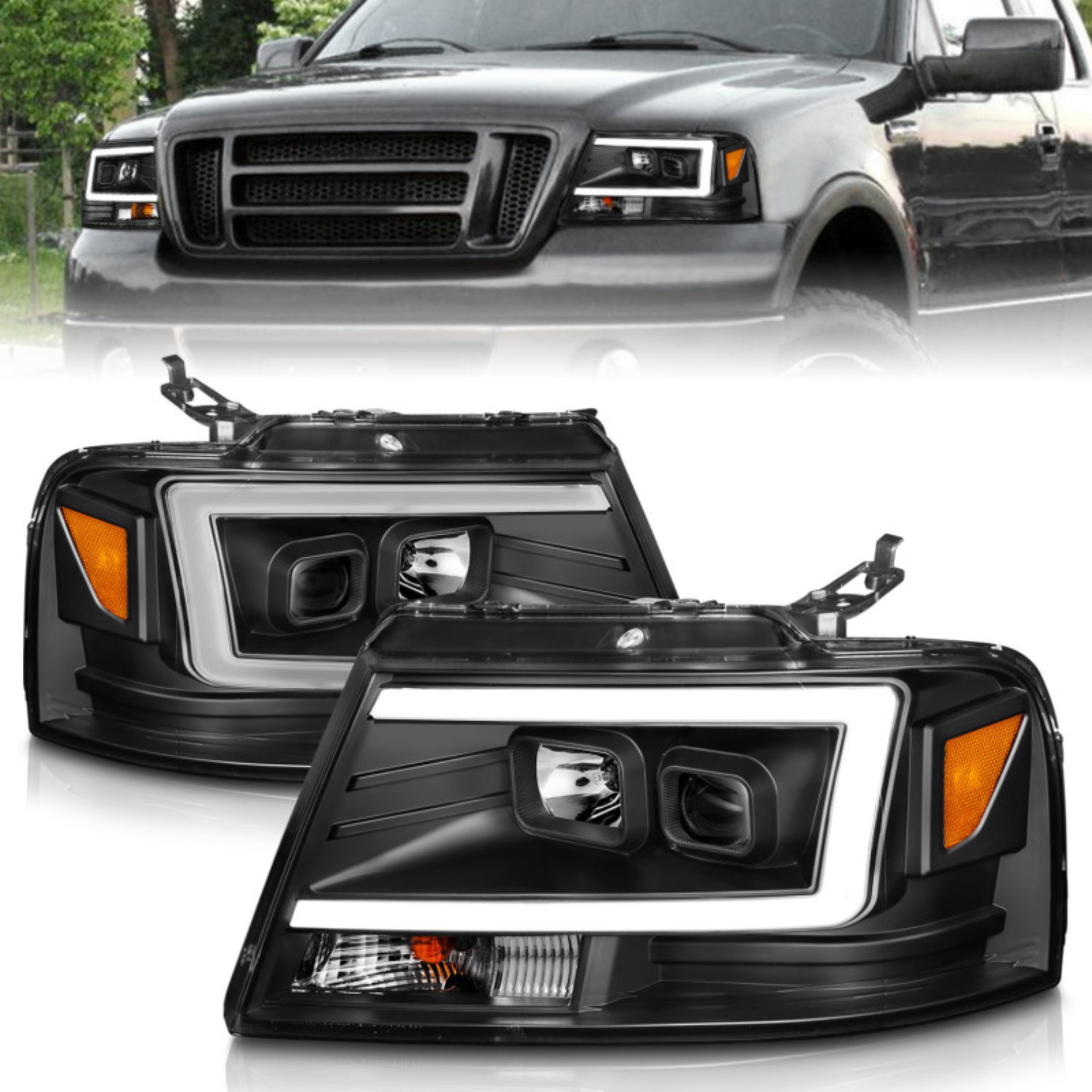 Picture of ANZO 2004-2008 Ford  F-150 Projector Headlights w/ Light Bar Black Housing