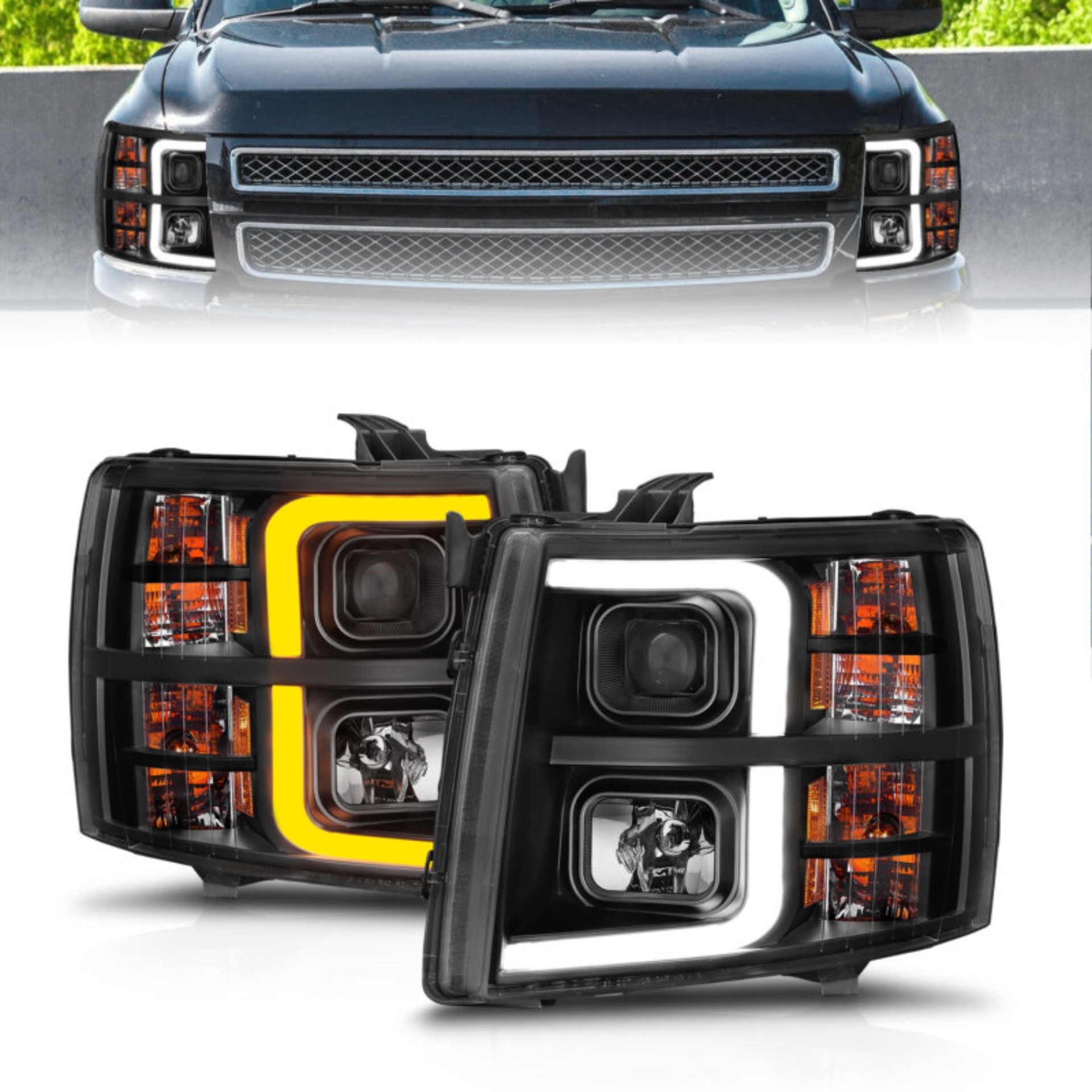 Picture of ANZO 2007-2013 Chevrolet Silverado 1500 Projector w/ Light Bar Black Housing w/ Sequential