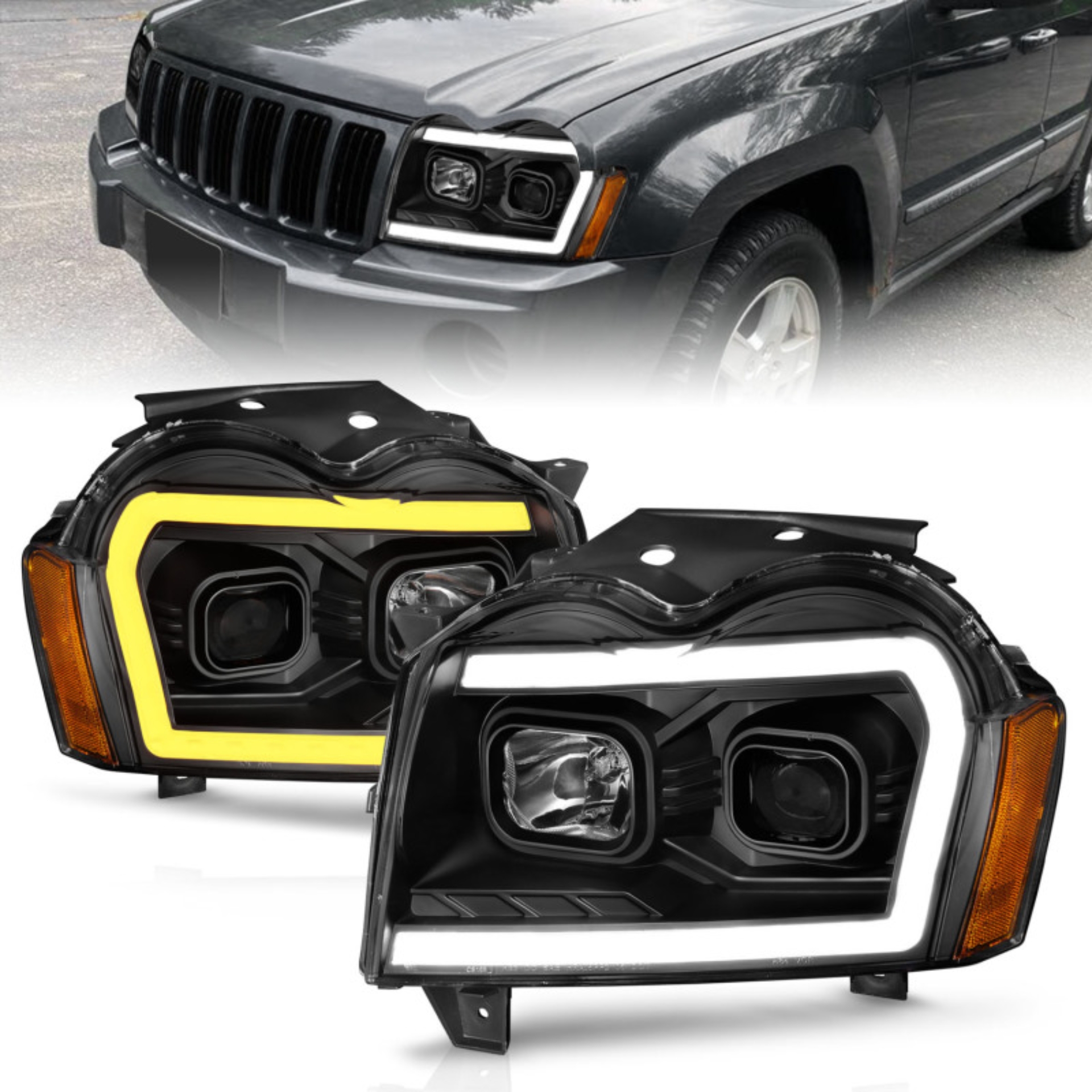 Picture of ANZO 2005-2007 Jeep Grand Cherokee Projector Headlights w/ Light Bar Switchback Black Housing